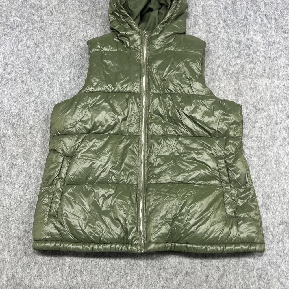 Old Navy Hooded Puffer Vest Womens Large Green Quilted‎ Fleece Lined About Thyme